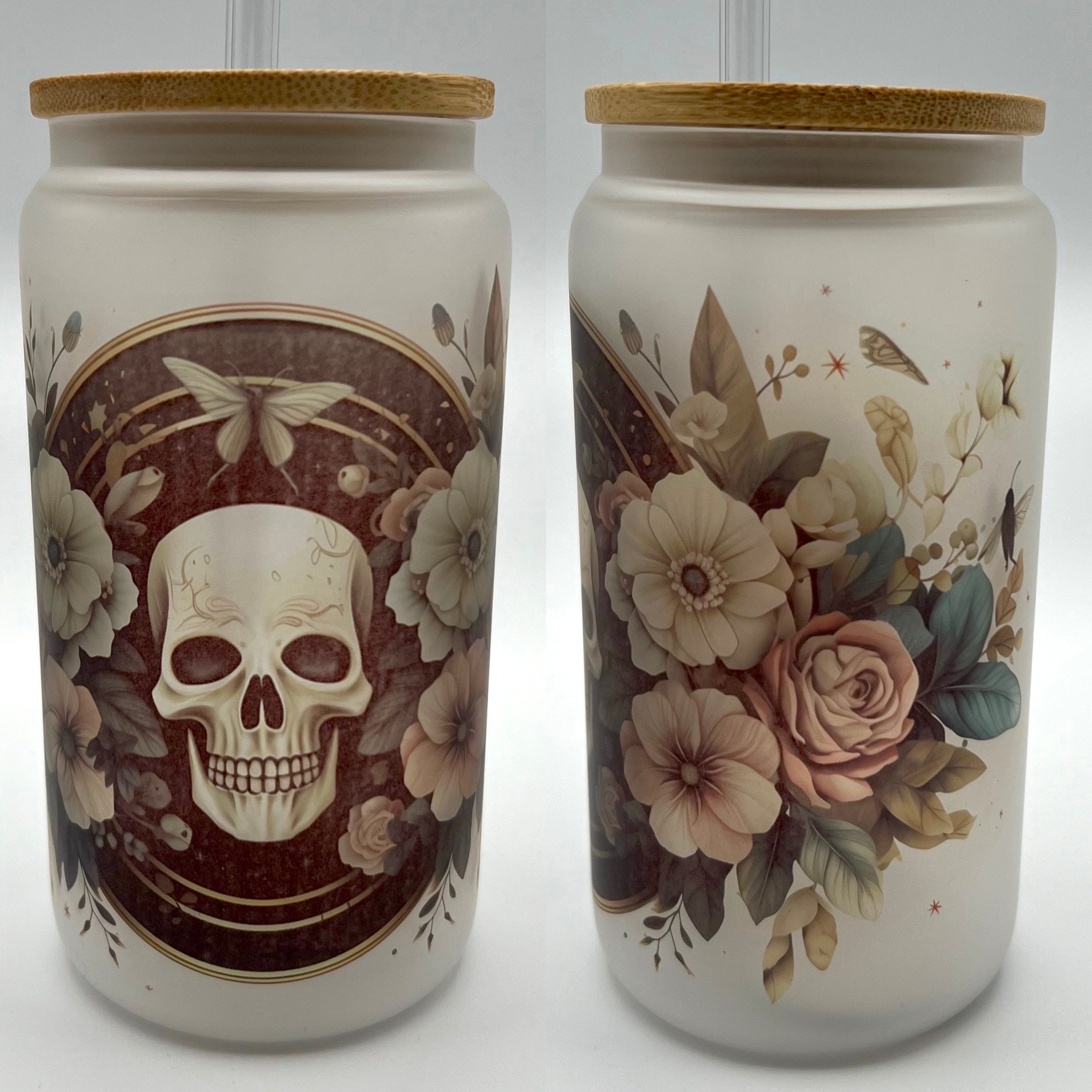 Dark Skull with Florals Libbey Glass Can Cup