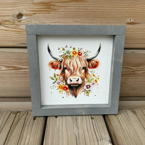 Highland Cow With Flowers Wood Sign