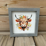 Highland Cow With Flowers Wood Sign
