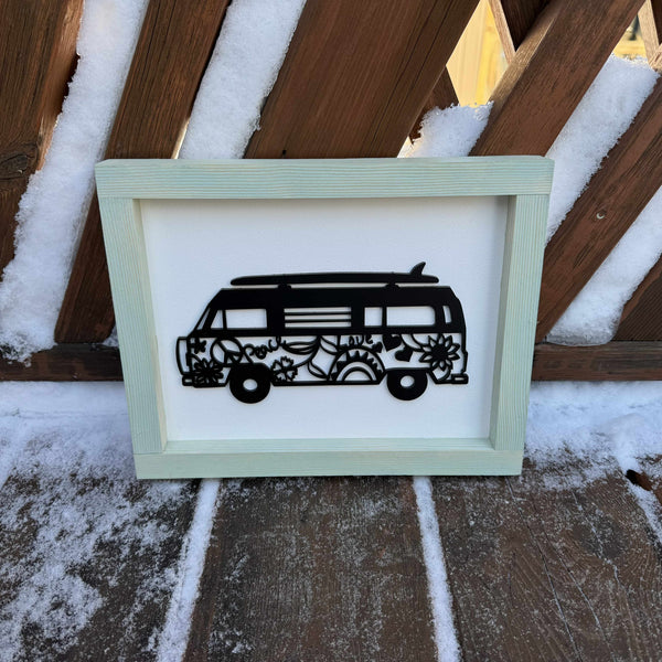 Hippie Bus With Surfboard Sign