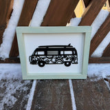 Hippie Bus With Surfboard Sign