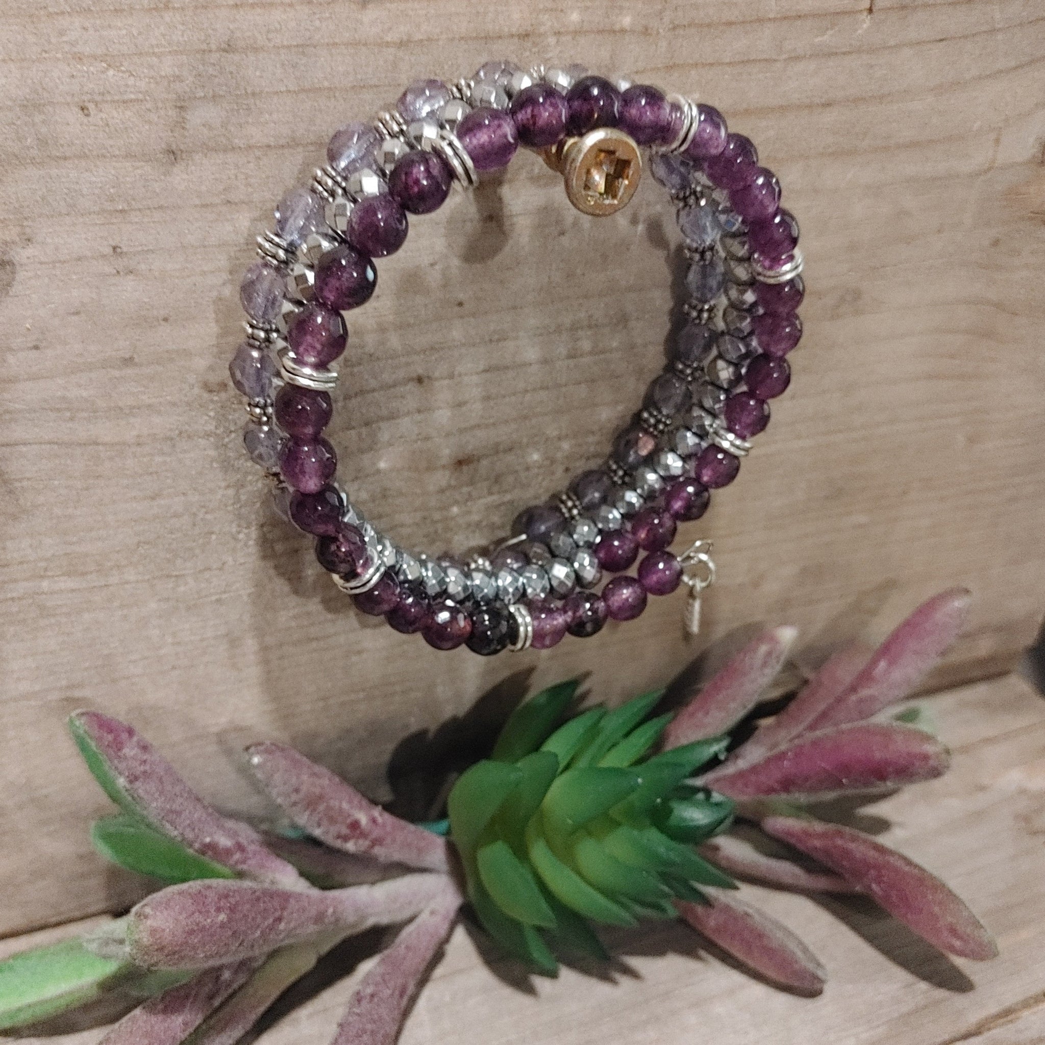 Beaded Wrap Bracelet - Med/Large - Purple/Silver
