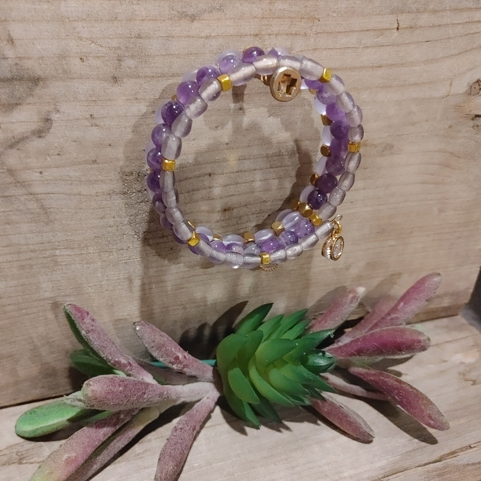 Beaded Wrap Bracelet - Sm/Med - Purple/Gold
