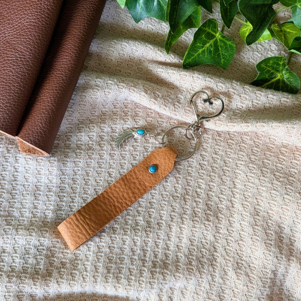 Leather Loop Keychain - Heart Clasp and Feather Charm