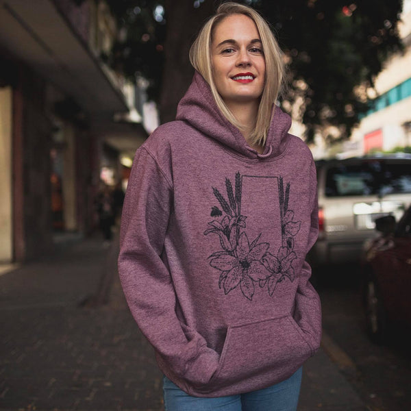 Maroon Saskatchewan with Prairie Lilies Unisex Bunnyhug - HandmadeSask