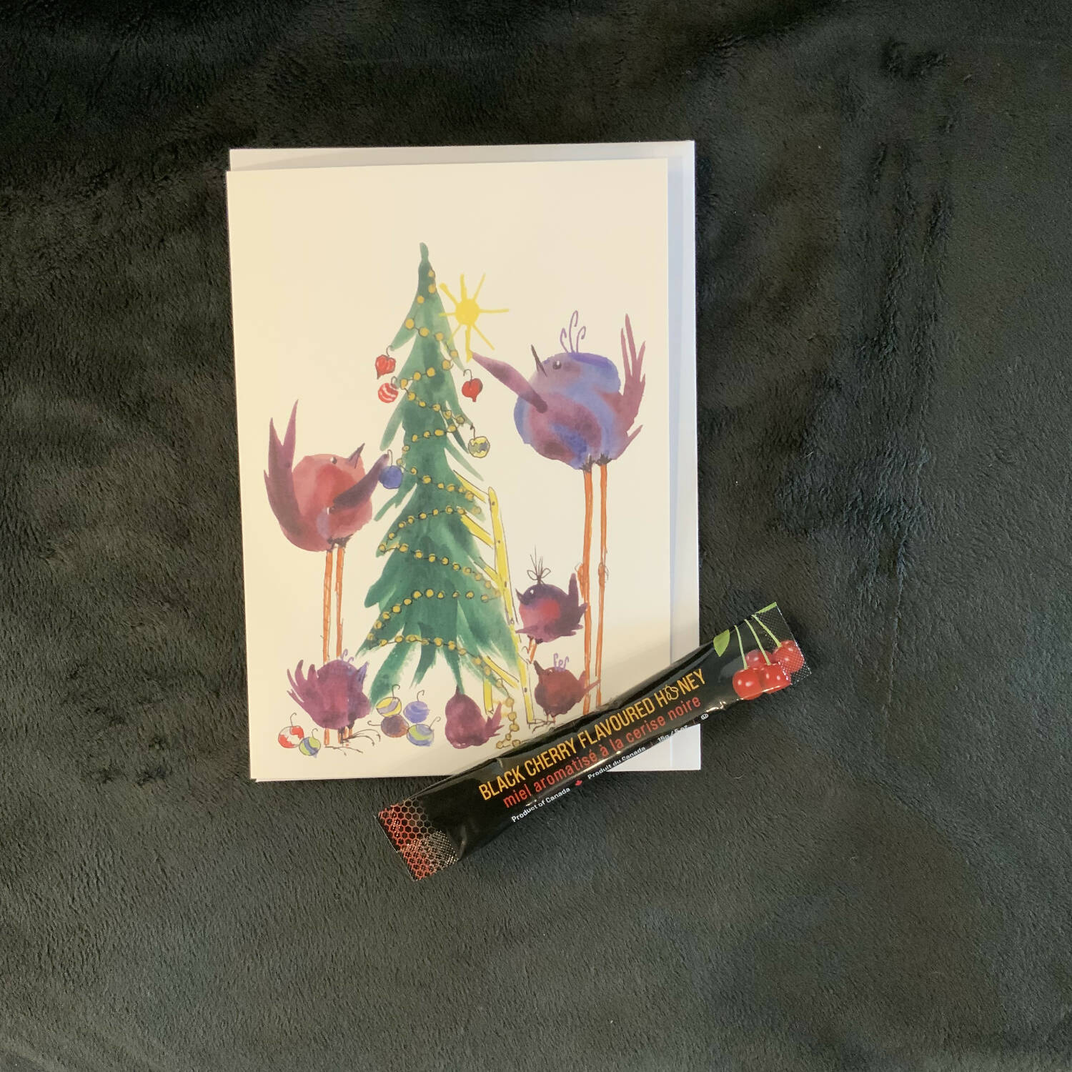 Sweet Christmas Card Birds Decorating with Black Cherry Honey