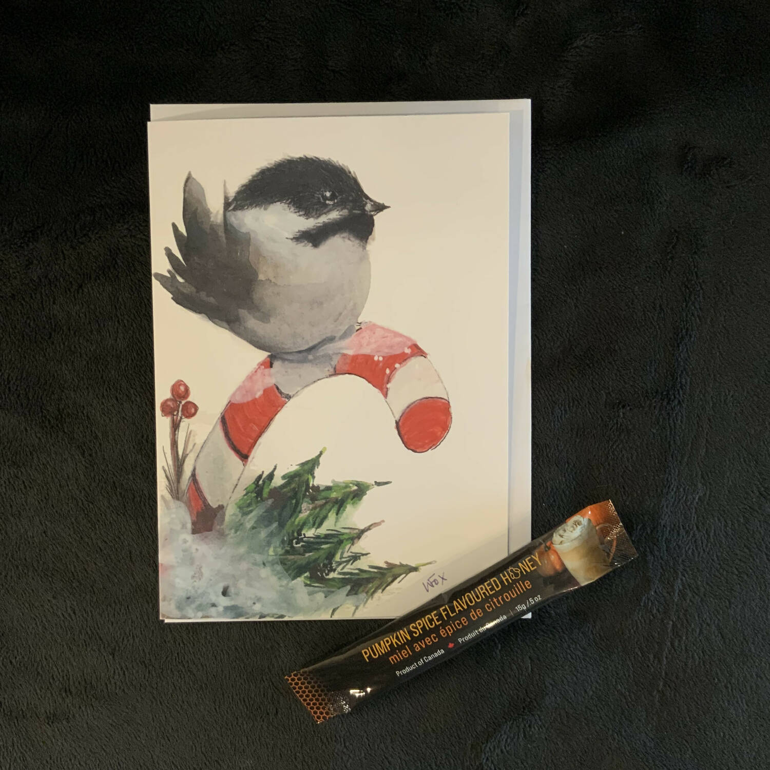 Sweet Christmas Card Chickadee on Candy Cane with Pumpkin Spice Honey