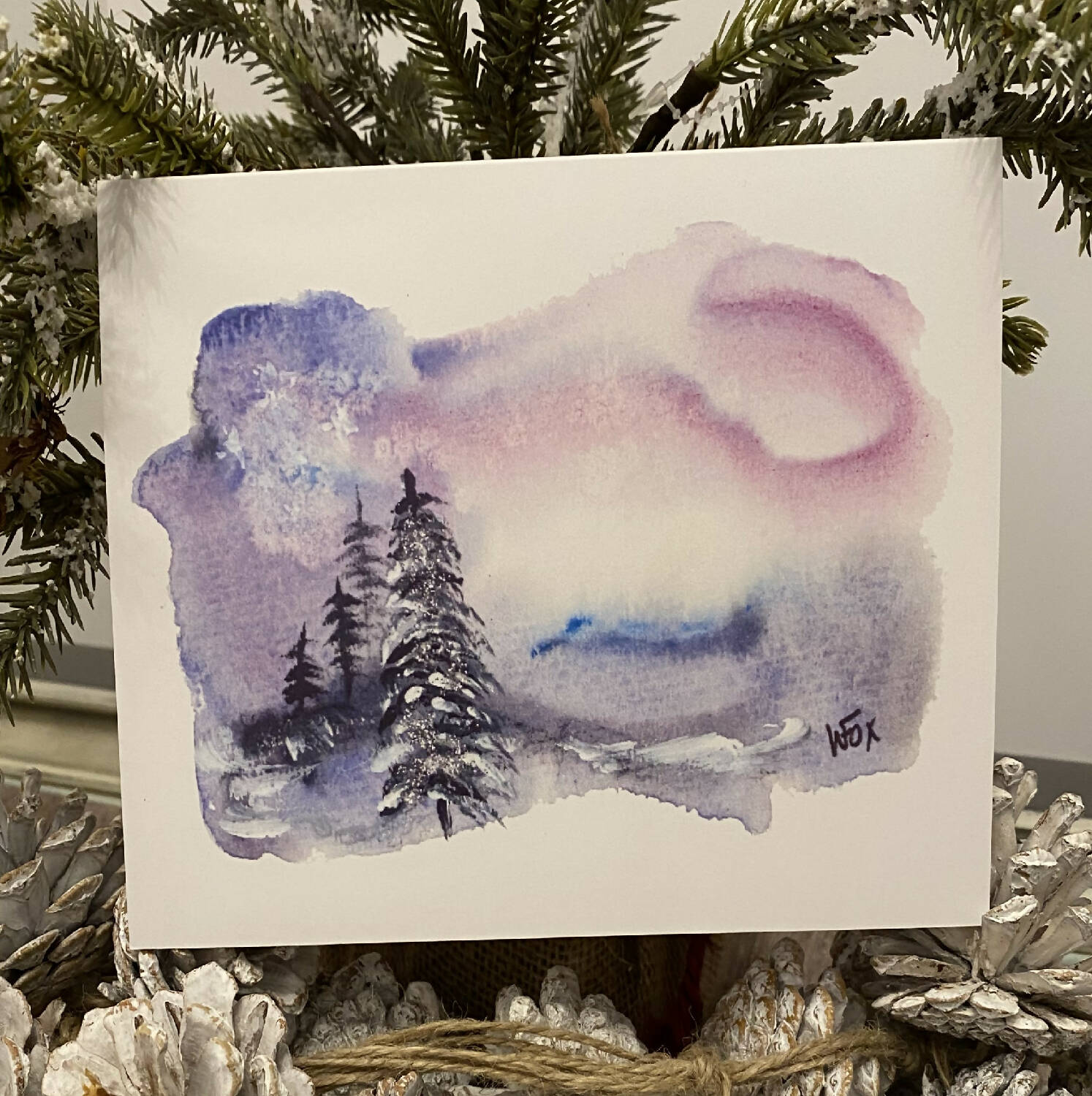 Evergreen Trees with Pink Sky Christmas Card