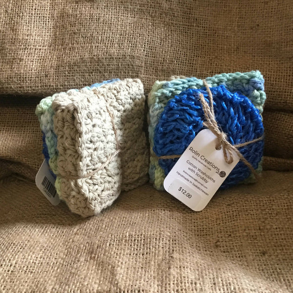 2 Cotton dish cloths with nylon scrubbie