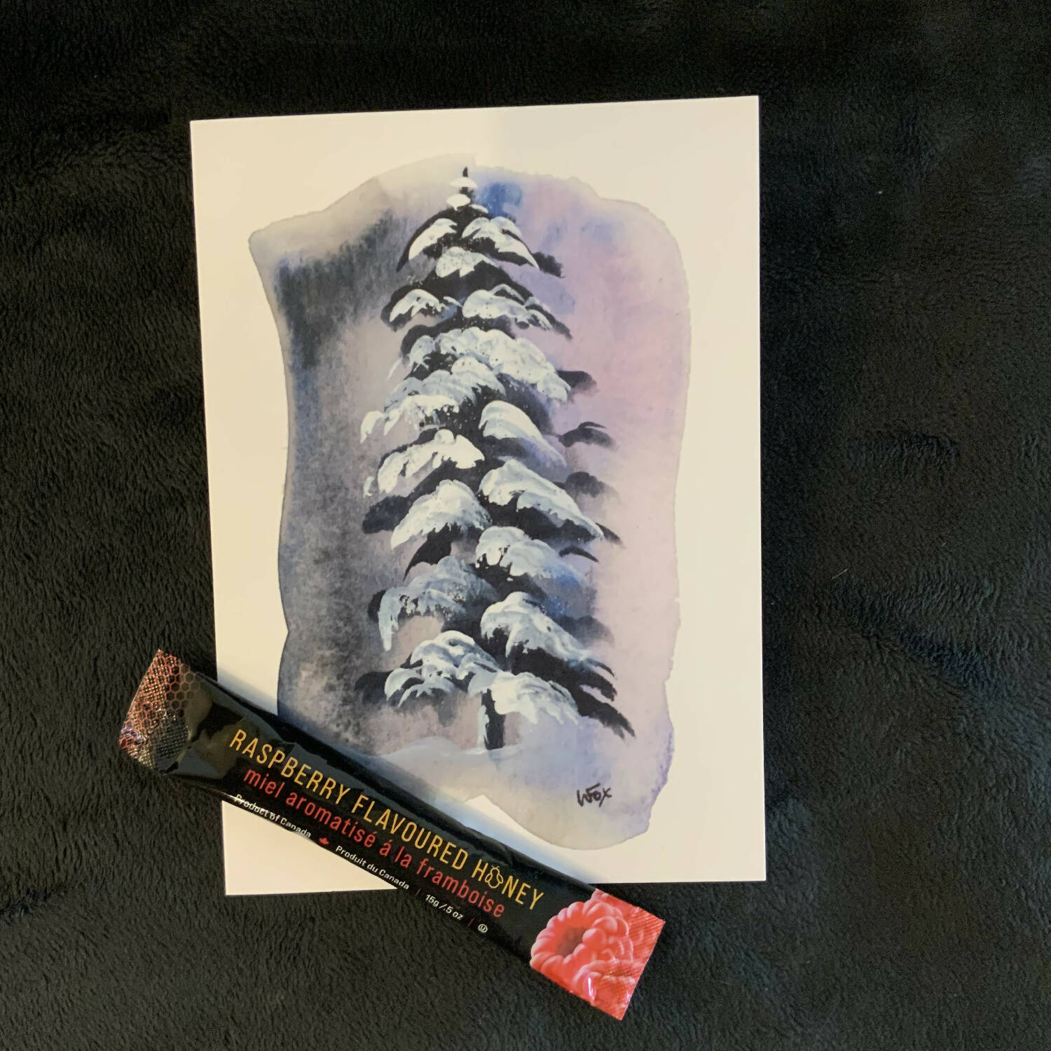 Sweet Christmas Card Snowy Evergreen Tree with Raspberry Honey