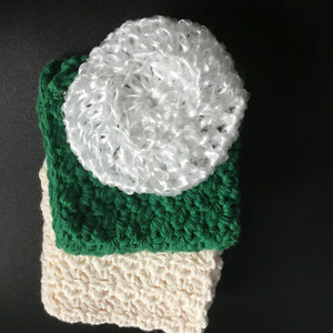 2 Cotton dish cloths with nylon scrubbie