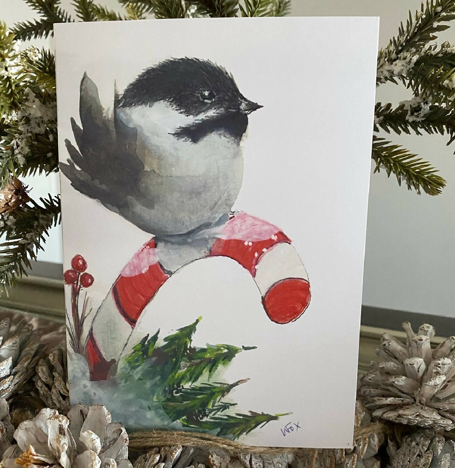 Chickadee on Candy Cane Christmas Card