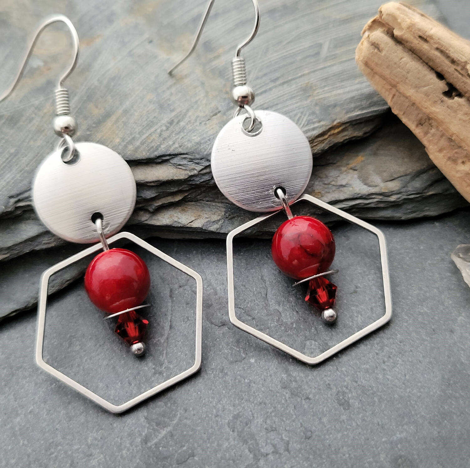 Hexagon Earrings - Red