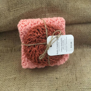 2 Cotton dish cloths with nylon scrubbie