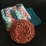 2 Cotton dish cloths with nylon scrubbie