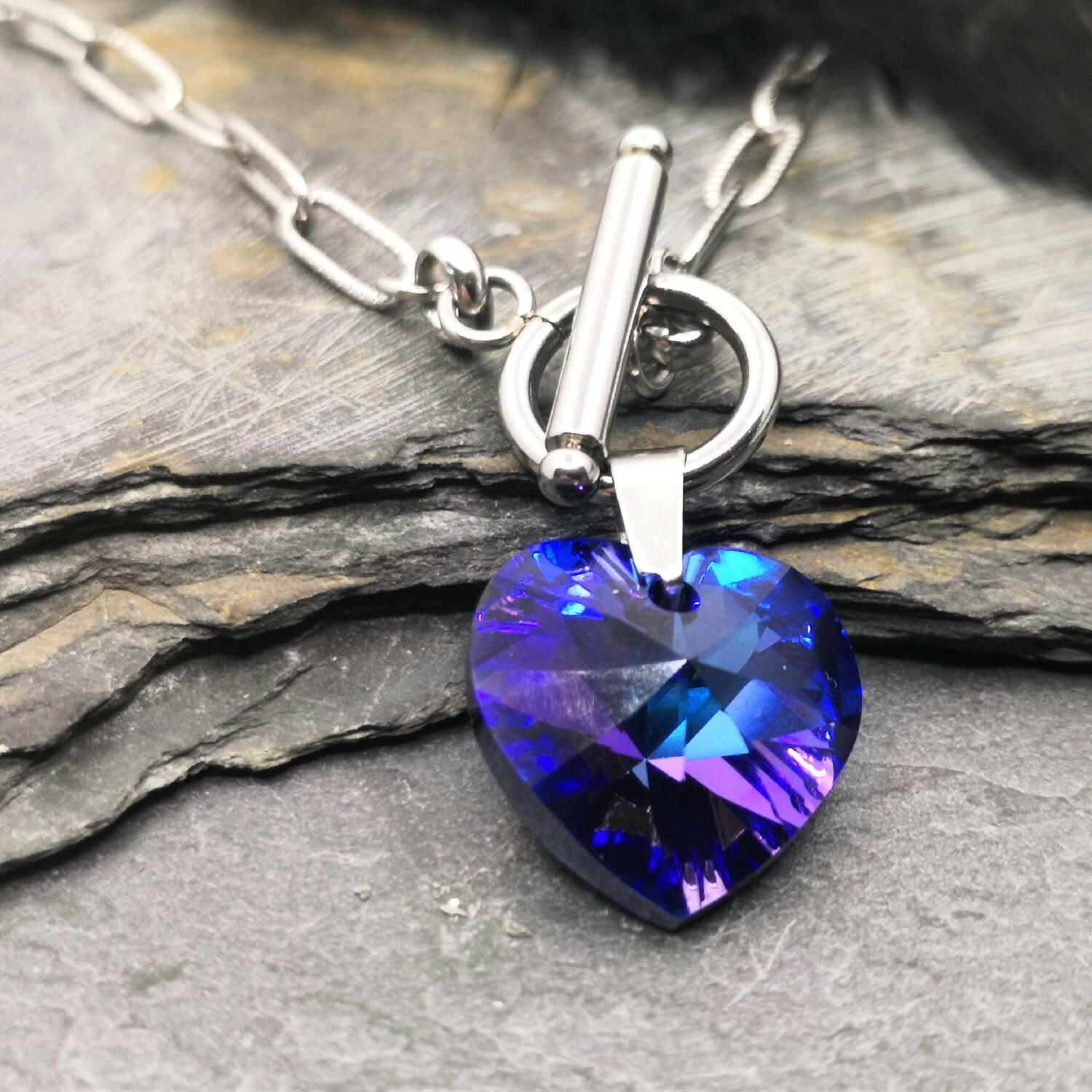 Crystal Heart Toggle Necklace = Purple